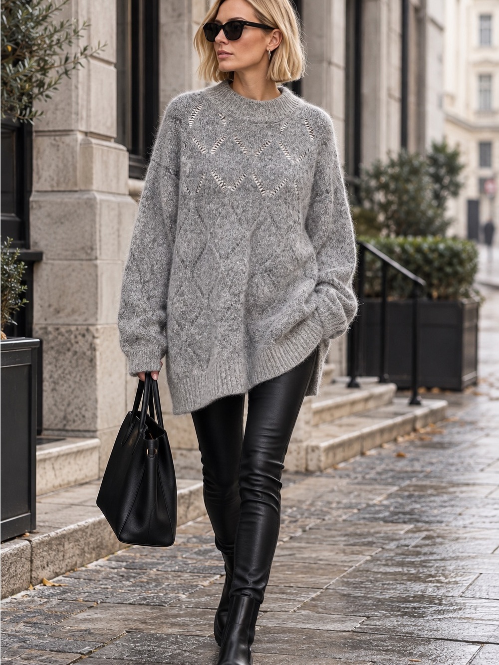 HOLZWEILER Fernanda Diamond Wool/Mohair Norwegian Crewneck Oversized Sweater, S